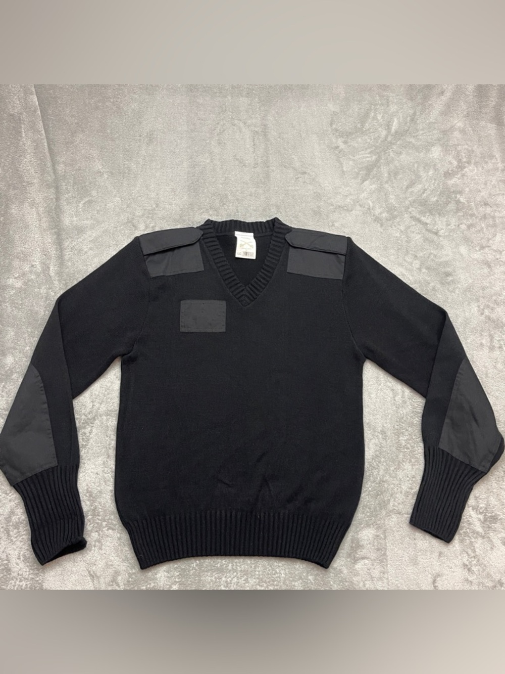 Military Equipment Sweater Mens Large Black V Neck Pullover Elbow Patch Uniform